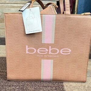 Bebe Women's  Ember Tote in Tan with Pink Stripes with Wristlet insert